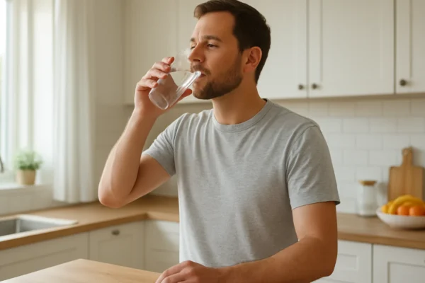 Osoba započinje dan čašom vode u svijetloj kuhinji