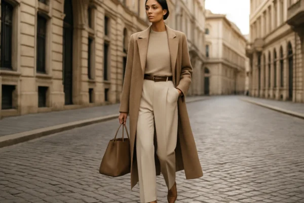 Elegantna modna kombinacija u neutralnim tonovima za svakodnevni stil