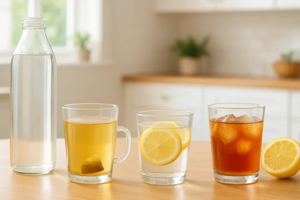 Zdraviji svakodnevni napitci poput vode, čaja i vode s limunom na svijetlom stolu