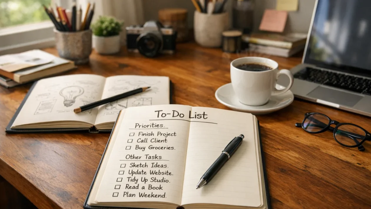 Kreativna to do lista na radnom stolu kao inspirativni početak dana