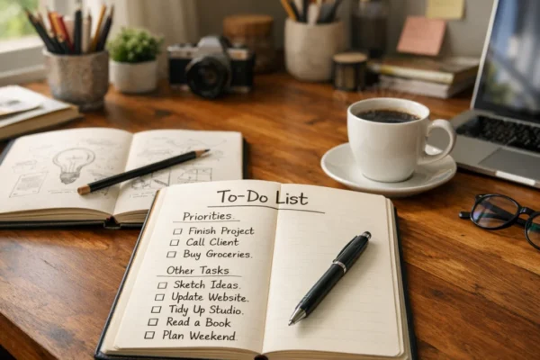 Kreativna to do lista na radnom stolu kao inspirativni početak dana