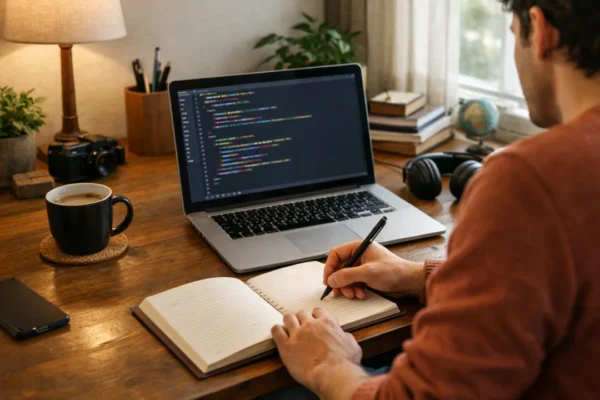 Početak programiranja kao hobi u kućnom okruženju uz laptop i bilješke