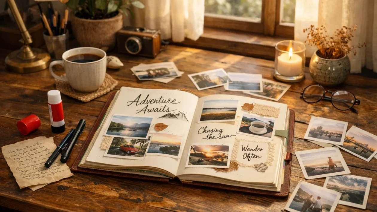 Scrapbook dnevnik na stolu uz prirodno svjetlo, simbol početka kreativne navike