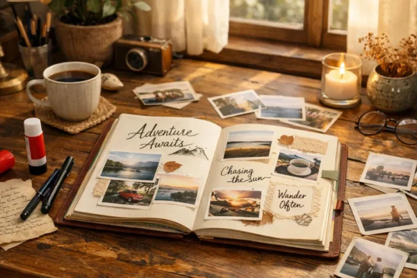 Scrapbook dnevnik na stolu uz prirodno svjetlo, simbol početka kreativne navike