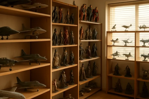 Kolekcionarske figurice i modeli izloženi na policama u impresivnom kolekcionarskom prostoru