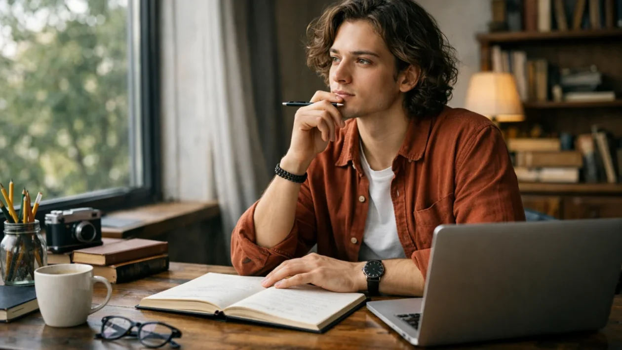 Kreativno pisanje za početnike – pisac za radnim stolom uz prirodno svjetlo