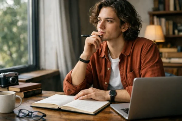 Kreativno pisanje za početnike – pisac za radnim stolom uz prirodno svjetlo