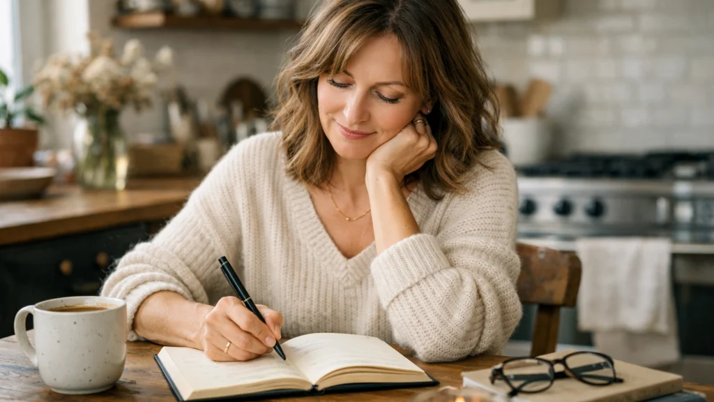 Žena piše osobne priče u bilježnicu u mirnom kućnom okruženju
