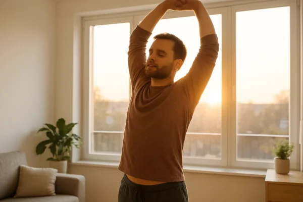 Lagane jutarnje istežuće vježbe prije posla u mirnom kućnom okruženju
