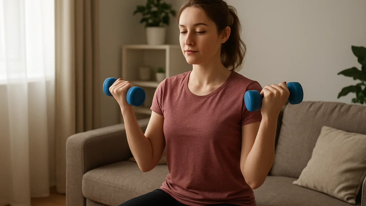 Početnik izvodi lagane vježbe za bicepse kod kuće