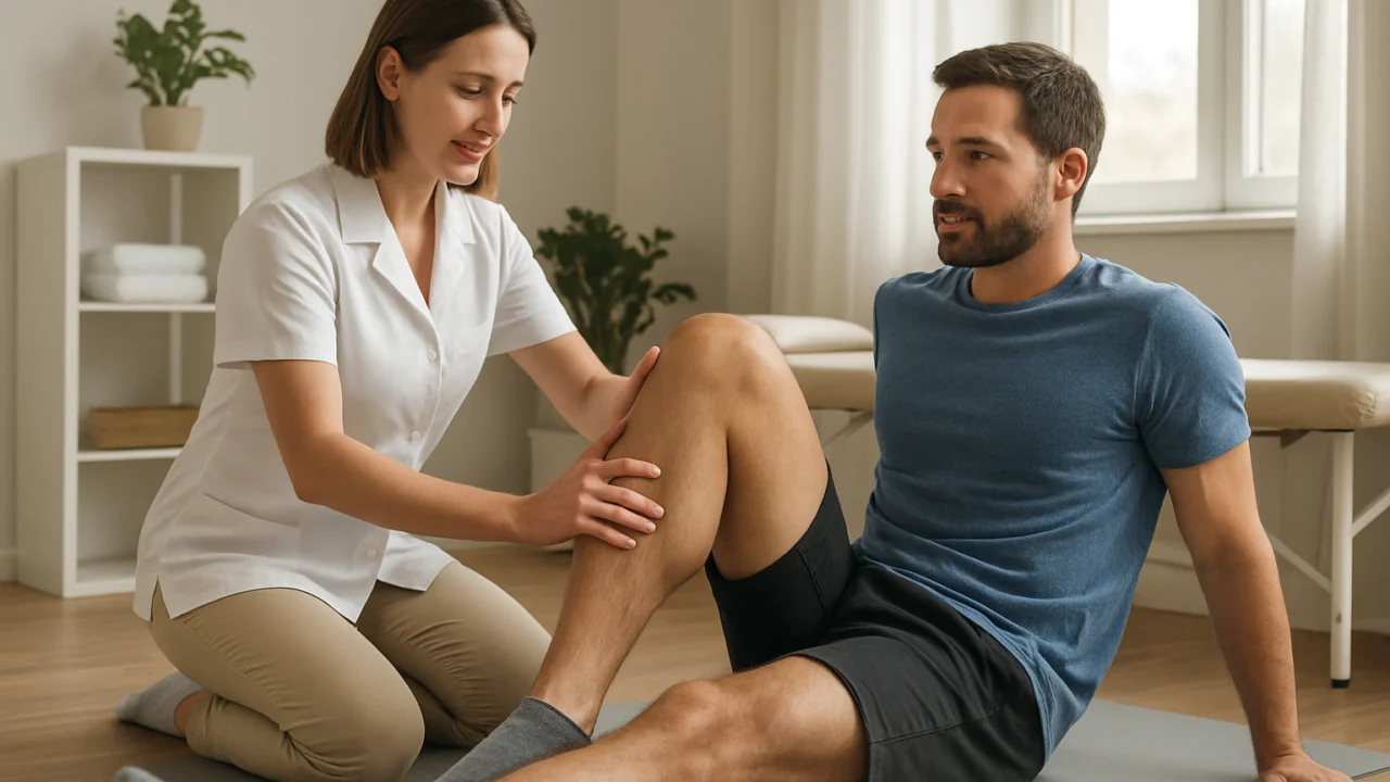 Fizioterapeut pokazuje lagane vježbe za jačanje mišića oko koljena