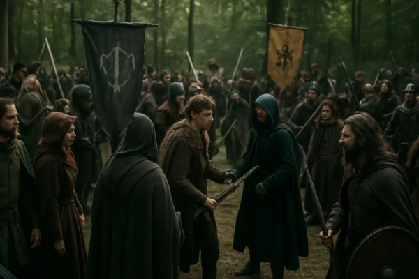 LARP subkultura u šumi, sudionici u kostimima koji zajedno žive svijet mašte