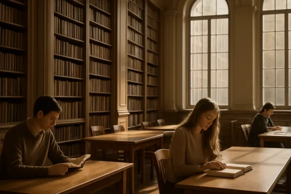 Light academia estetika u mirnoj knjižnici ispunjenoj prirodnim svjetlom i knjigama