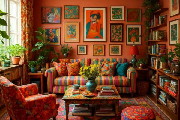 Maximalistički interijer bogat bojama, uzorcima i osobnim predmetima kao simbol identiteta