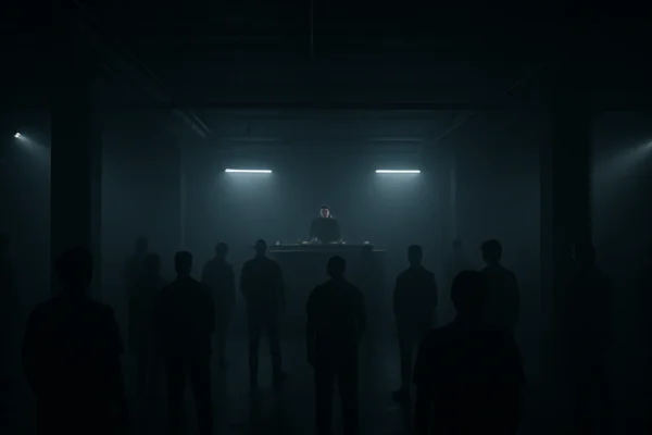Minimal techno subkultura u mračnom klubu s industrijskim ugođajem i fokusom na tišinu i prostor