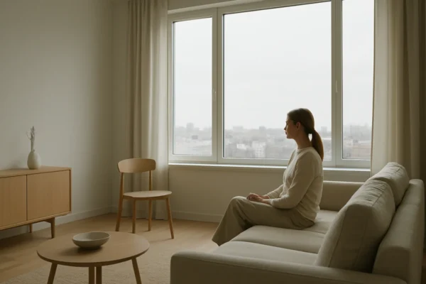 Minimalistički životni prostor s malo namještaja koji simbolizira život s manje i više smisla