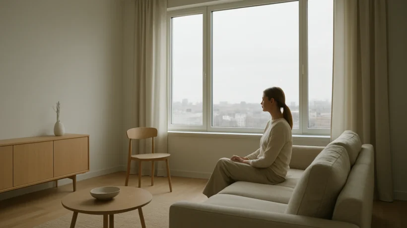 Minimalistički životni prostor s malo namještaja koji simbolizira život s manje i više smisla