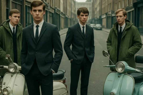 Mod subkultura u Londonu 1960-ih, mladi u elegantnim odijelima i parkama uz skutere