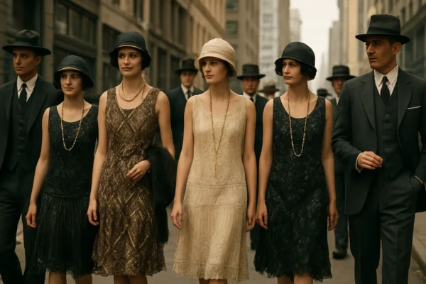 Moda dvadesetih godina prošlog stoljeća s flapper haljinama i elegantnim muškim odijelima
