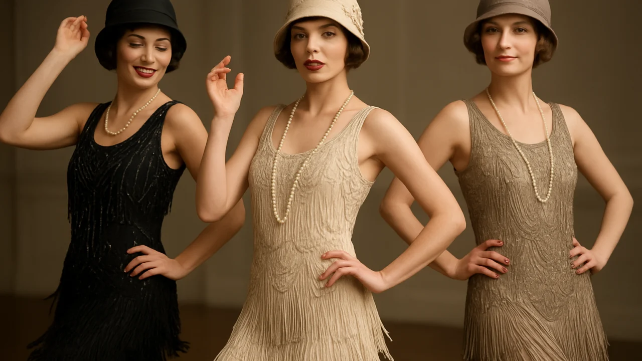 Flapper stil dvadesetih godina s resama, perlama i karakterističnim krojevima