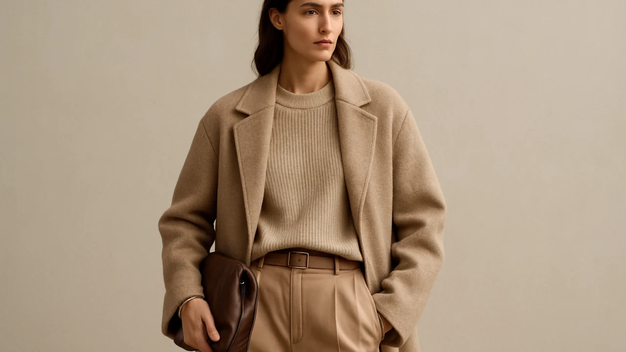 Monokromatski modni styling s naglaskom na teksture i slojevitost materijala