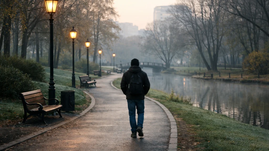 Introvert u mirnoj šetnji parkom daleko od gradske buke