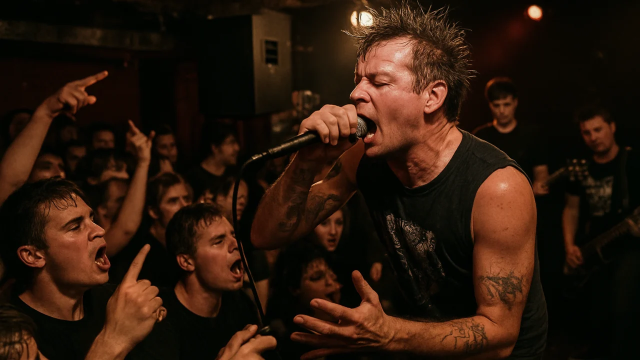 Oi punk bend na nastupu u malom klubu s publikom blizu pozornice