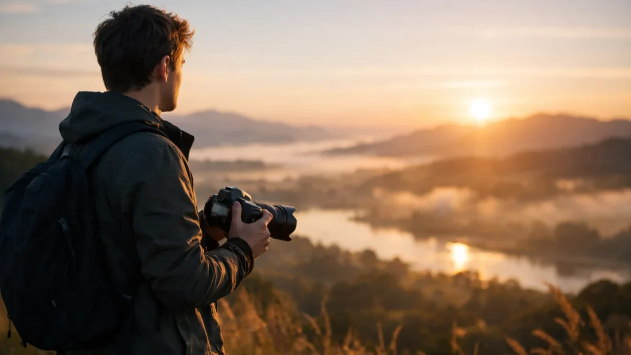 Početnik u fotografiji s fotoaparatom u prirodi, simbol učenja i kreativnog puta