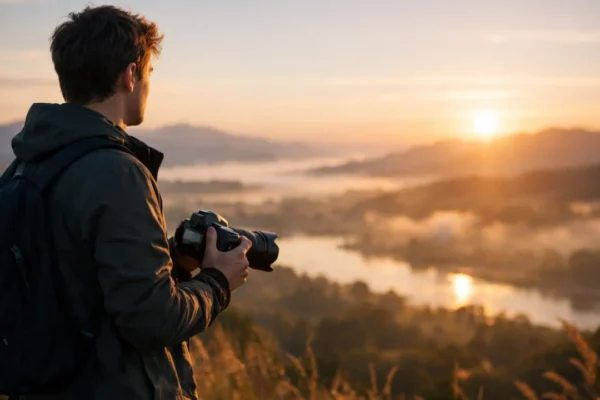 Početnik u fotografiji s fotoaparatom u prirodi, simbol učenja i kreativnog puta