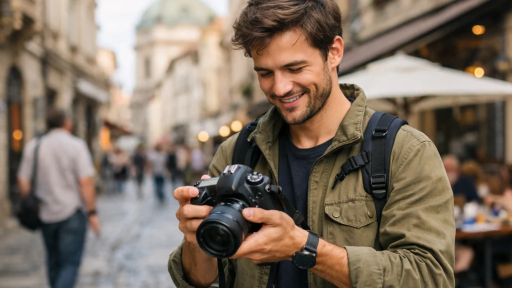 Student na putovanju koji uči fotografirati pomoću DSLR fotoaparata