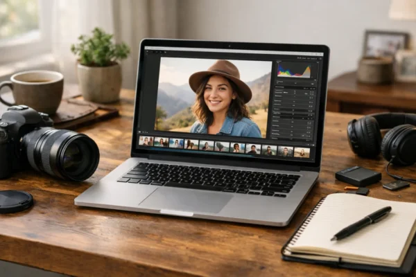 Radni prostor za osnovnu montažu fotografija s laptopom i fotoaparatom