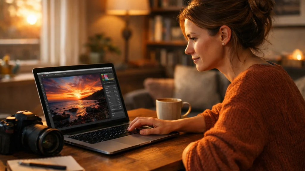 Žena obrađuje fotografiju zalaska sunca na laptopu kod kuće