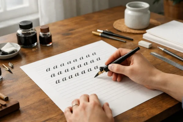 Početnik vježba kaligrafiju za radnim stolom s perom i papirom