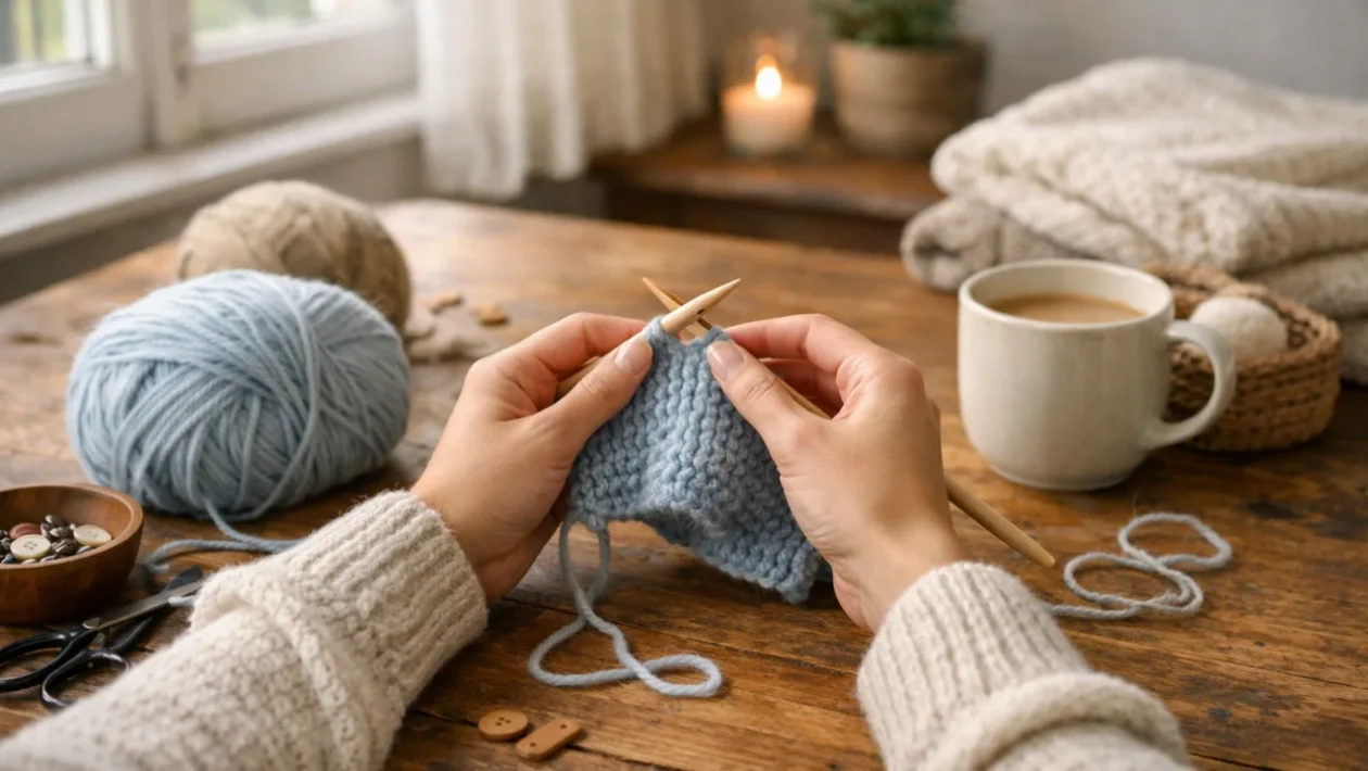 Početničko štrikanje s iglama i pređom u ugodnom kućnom okruženju
