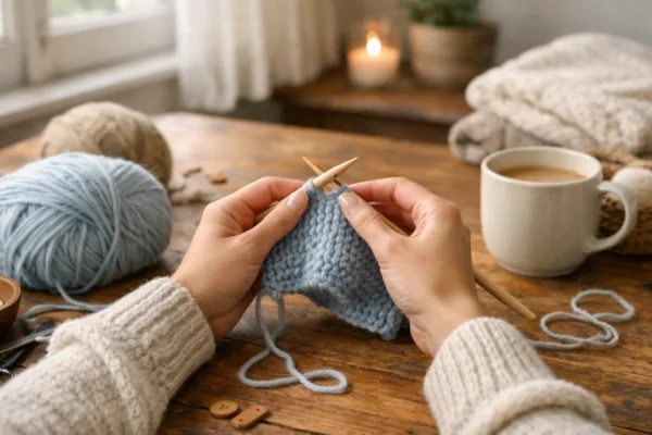 Početničko štrikanje s iglama i pređom u ugodnom kućnom okruženju