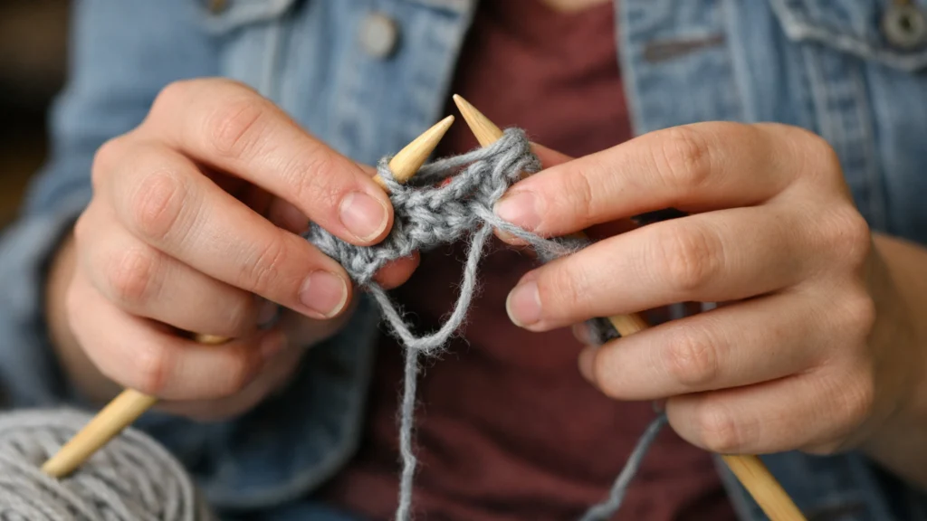 Početnik u štrikanju koji prvi put drži igle i pređu