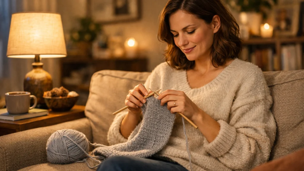 Žena koja štrika kod kuće kao opuštajuću večernju rutinu