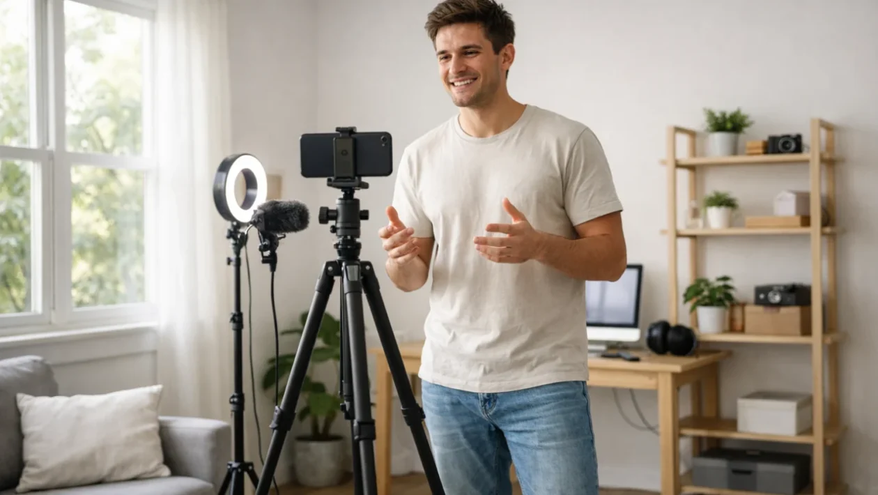 Početnik u video snimanju snima video kod kuće uz prirodno svjetlo i jednostavnu opremu