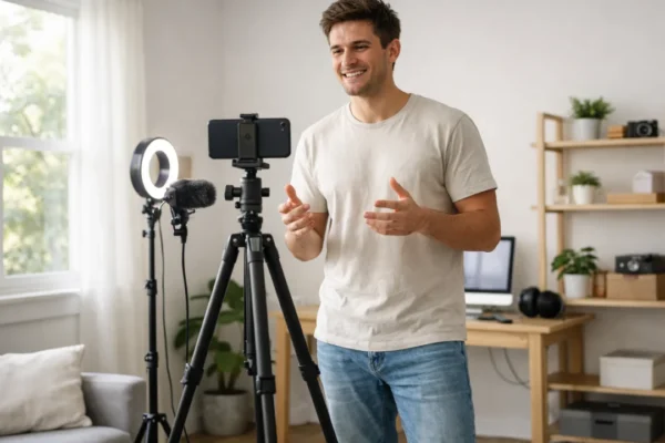 Početnik u video snimanju snima video kod kuće uz prirodno svjetlo i jednostavnu opremu