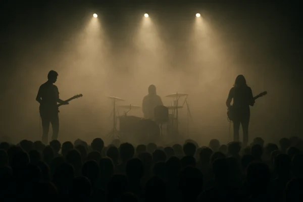 Post rock koncert s atmosferičnim svjetlom i publikom uronjenom u instrumentalnu glazbu