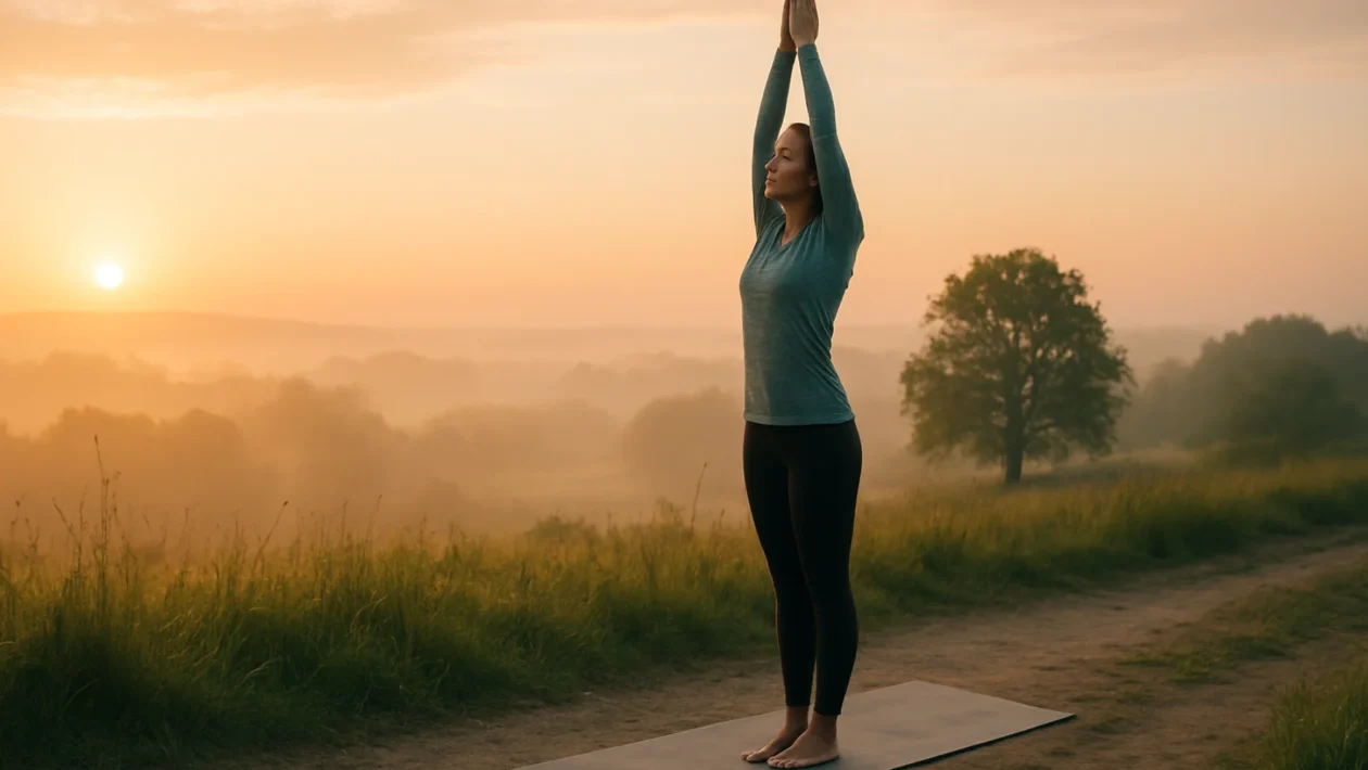 Pojednostavljeni pozdrav suncu za početnike u mirnom jutarnjem okruženju