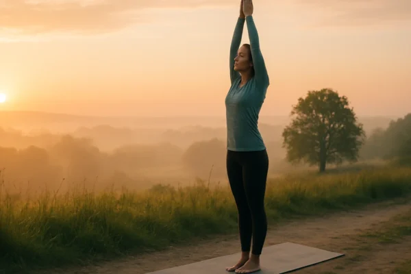 Pojednostavljeni pozdrav suncu za početnike u mirnom jutarnjem okruženju