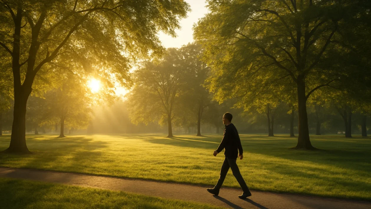 Jutarnja šetnja u parku u zoru kao simbol zdravlja i energije