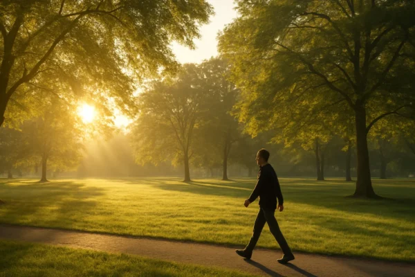 Jutarnja šetnja u parku u zoru kao simbol zdravlja i energije