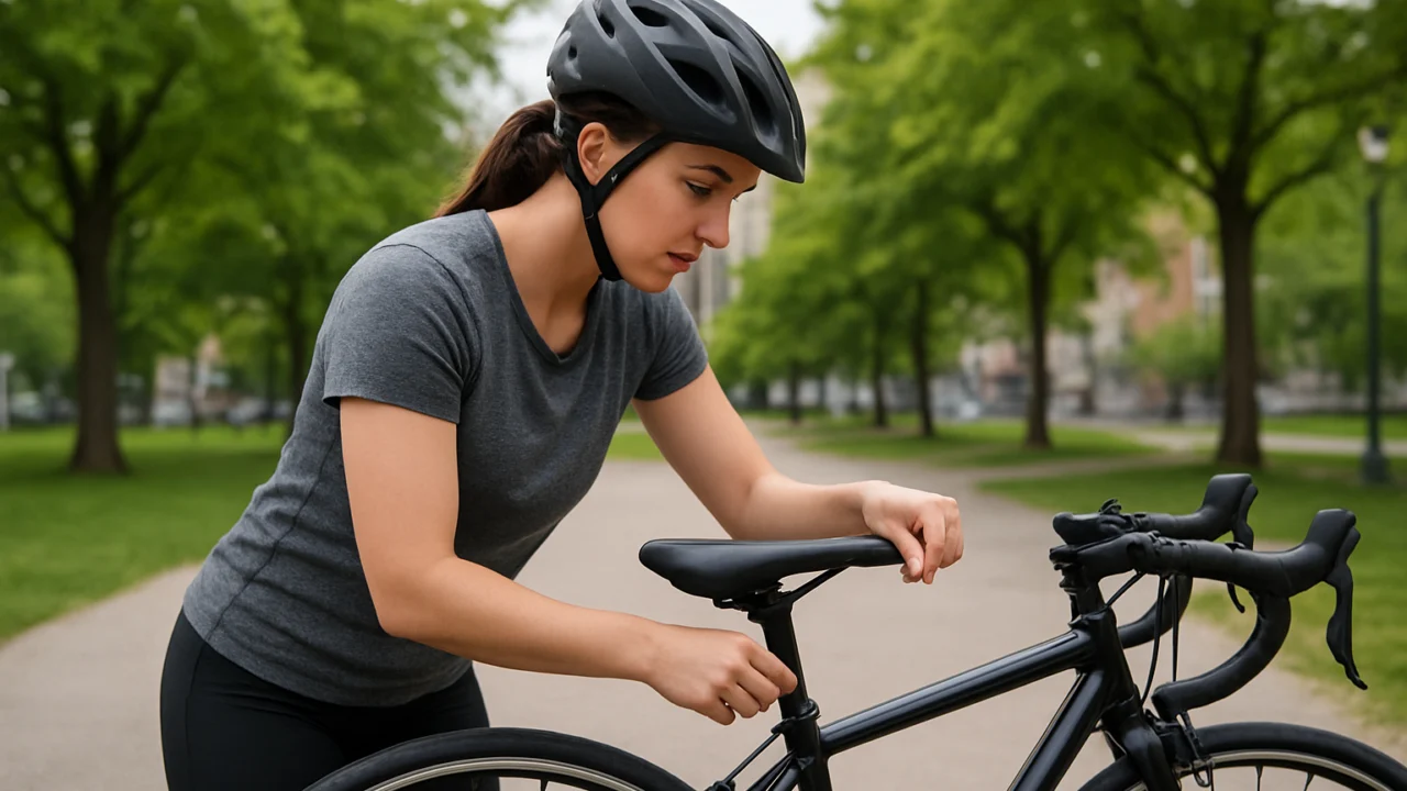 Početnik podešava visinu sjedala na biciklu prije vožnje