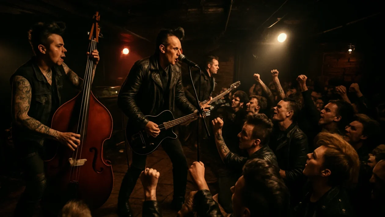 Psychobilly koncert u klubu s energičnom publikom i bendom na pozornici