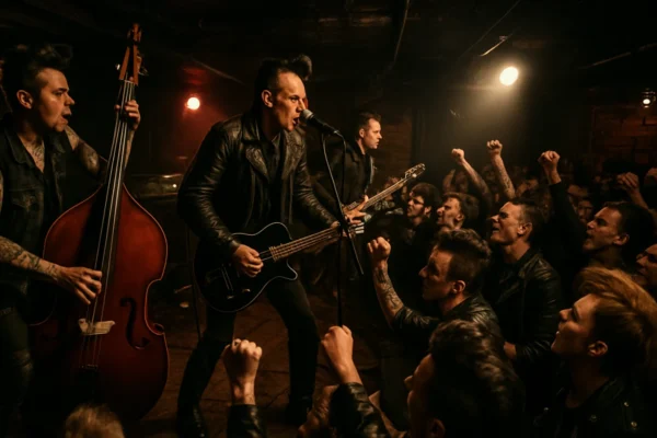 Psychobilly koncert u klubu s energičnom publikom i bendom na pozornici