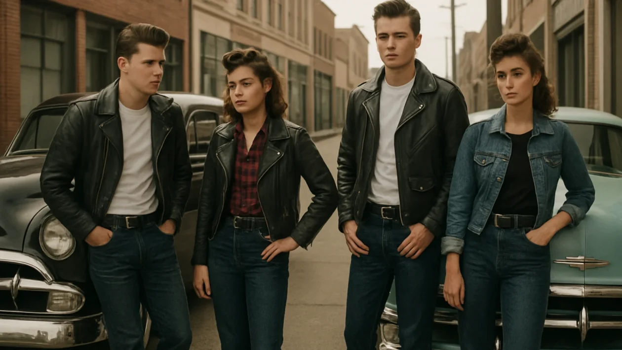 Rockabilly subkultura pedesetih godina s mladima u vintage odjeći i automobilima