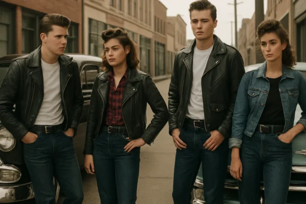 Rockabilly subkultura pedesetih godina s mladima u vintage odjeći i automobilima