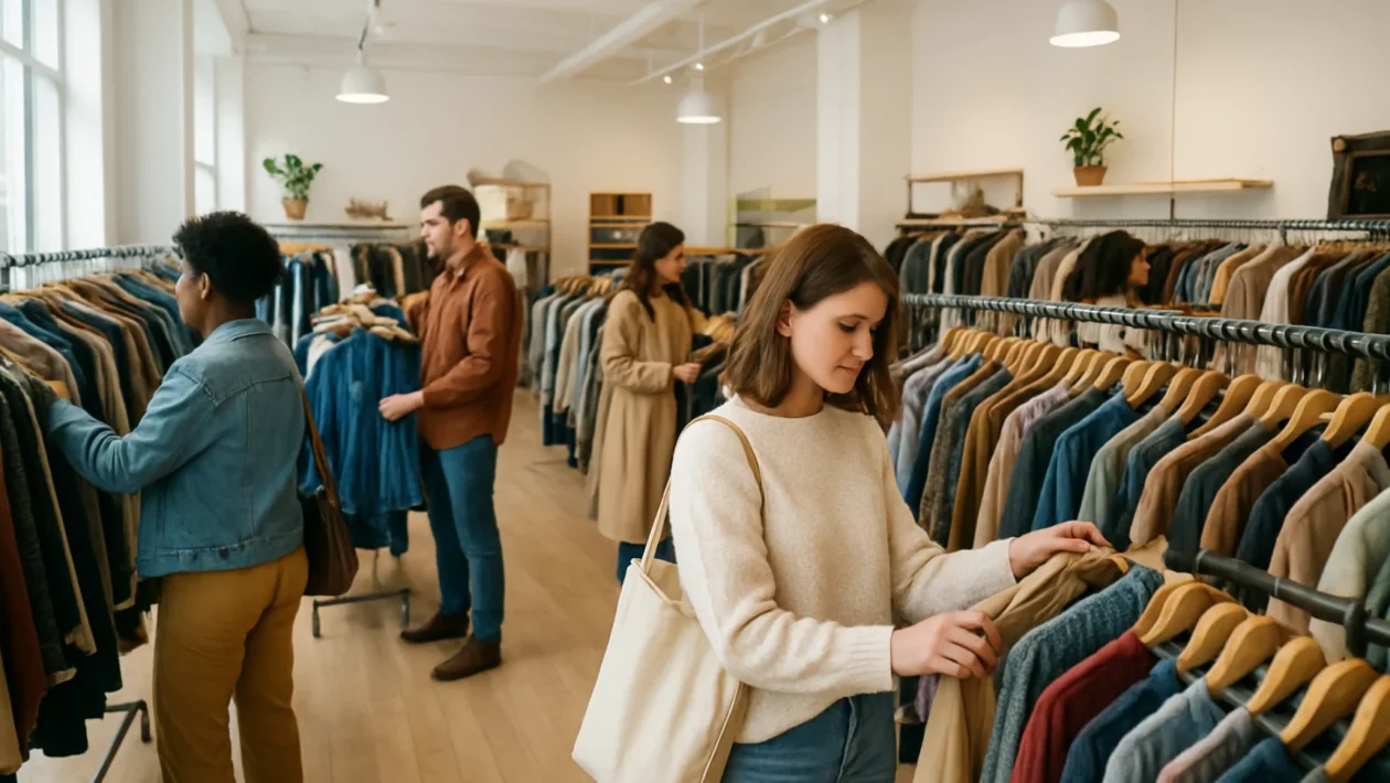 Second hand kupovina u modernoj trgovini rabljenom odjećom s kupcima